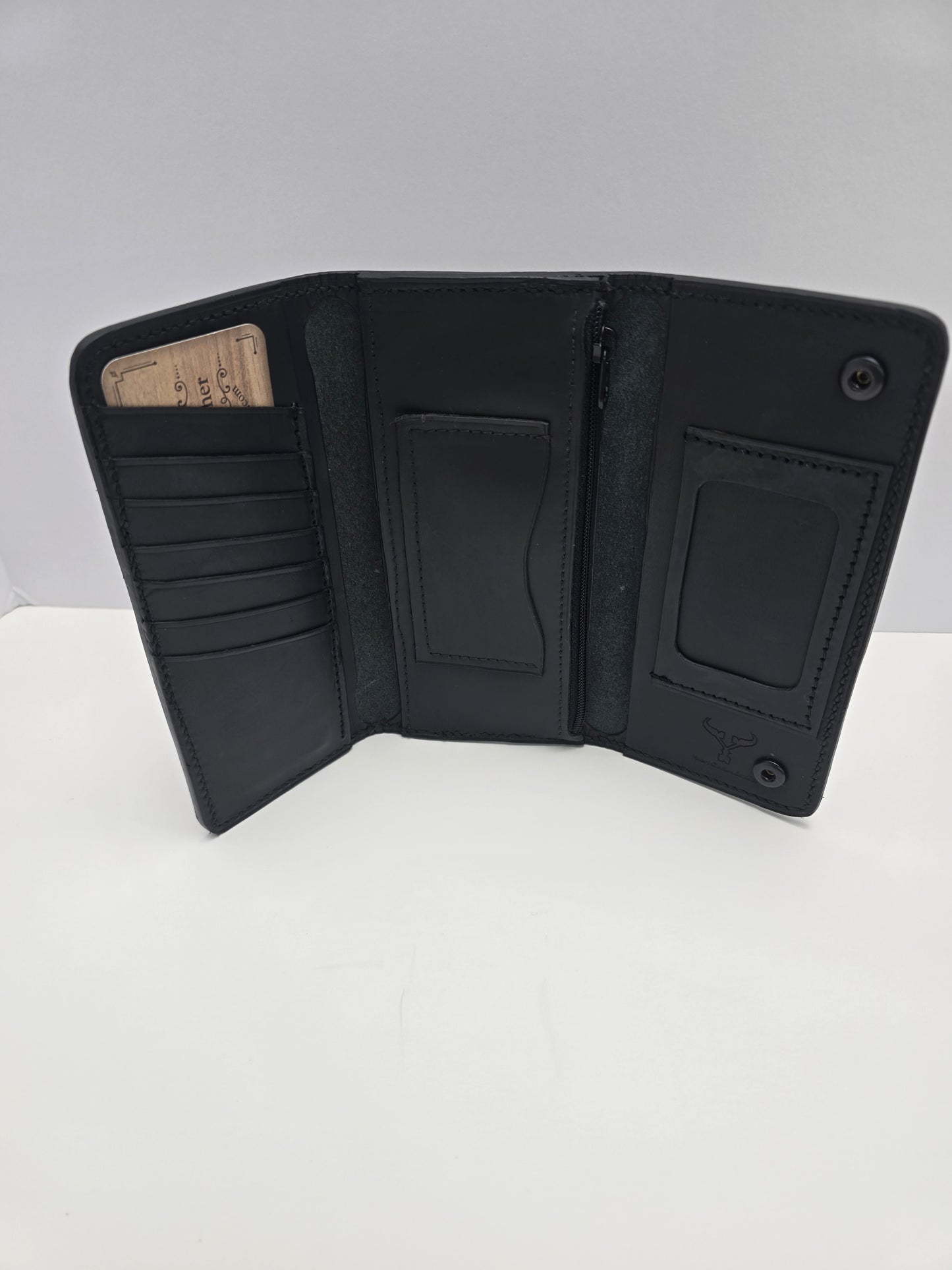 Titan Long Trifold Wallet – Herman Oak English Bridle & Korba Buffalo Leather | 8 Card Slots, ID Window, Zipper Pouch, Dual Snap Closures